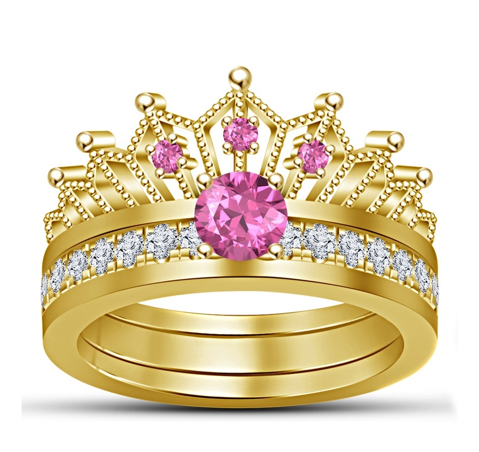 Aurora Disney Princess Bridal Ring Set 14k Yellow GP 925