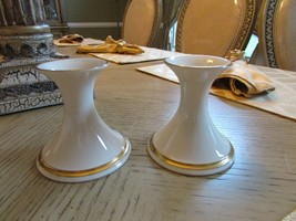 LENOX CHINA PAIR OF TAPER CANDLESTICK HOLDERS IVORY WITH GOLD RIMS 3.75&quot;... - $12.82