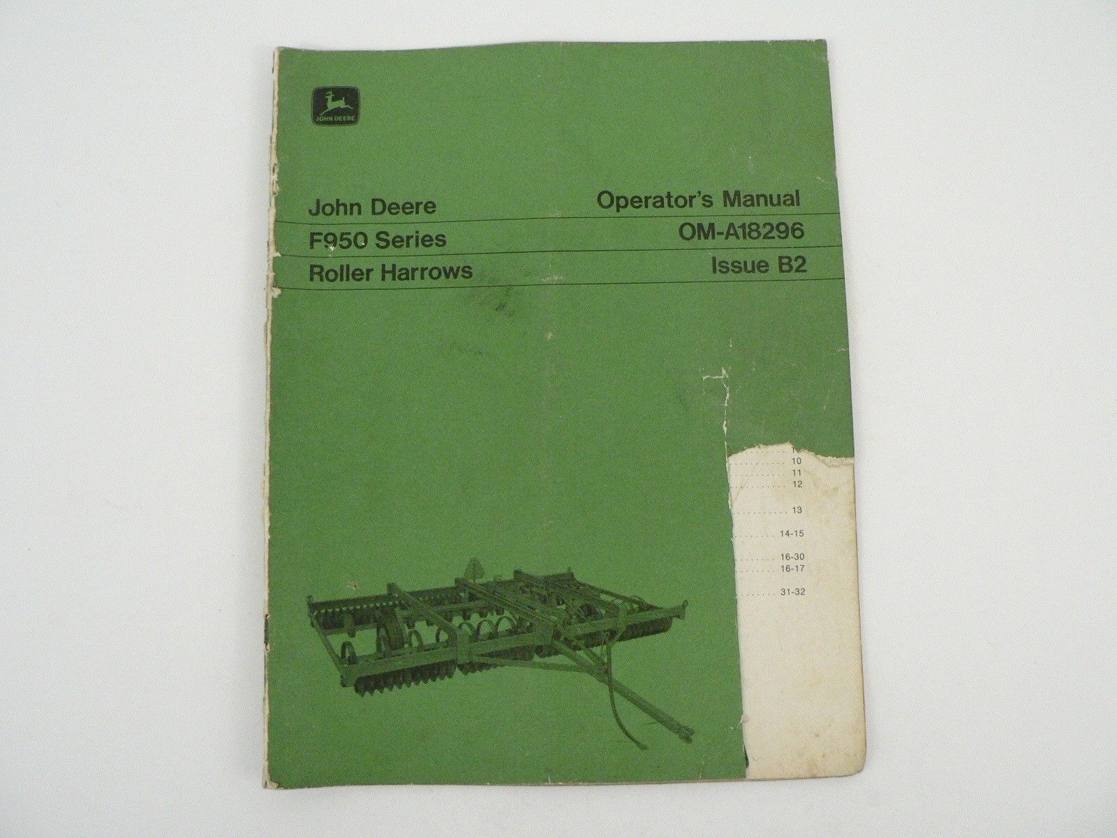 John Deere Owners Manual F950 Roller Harrows Maintenance Schedule Trouble Shoot