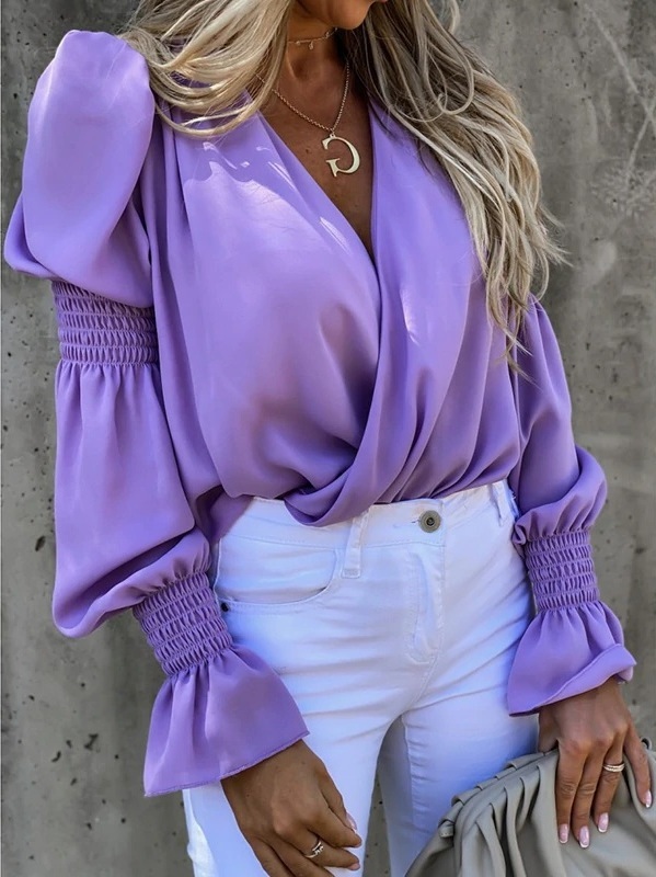 New lavender long puff sleeve V neck purple wrap women blouse top spring summer