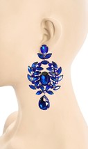 4.75&quot; Long Cluster Clip On Earrings Royal Blue Crystals Drag Queen Pagea... - $32.30