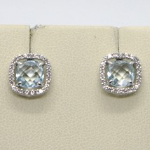 18K WHITE GOLD EARRINGS CUSHION SQUARE BLUE TOPAZ, ZIRCONIA FRAME, MADE IN ITALY image 2