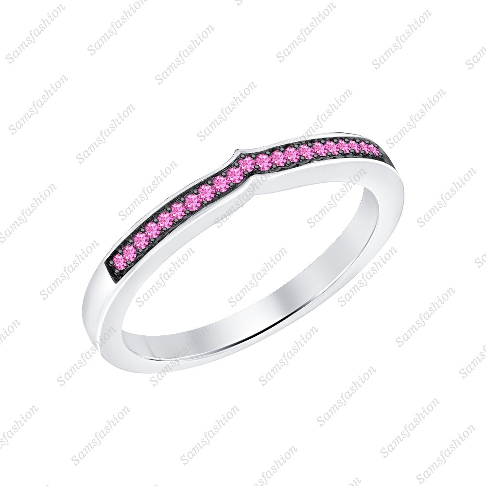 Round Pink Sapphire 14k Two Tone Gold Over Curved Half Eternity Wedding Band