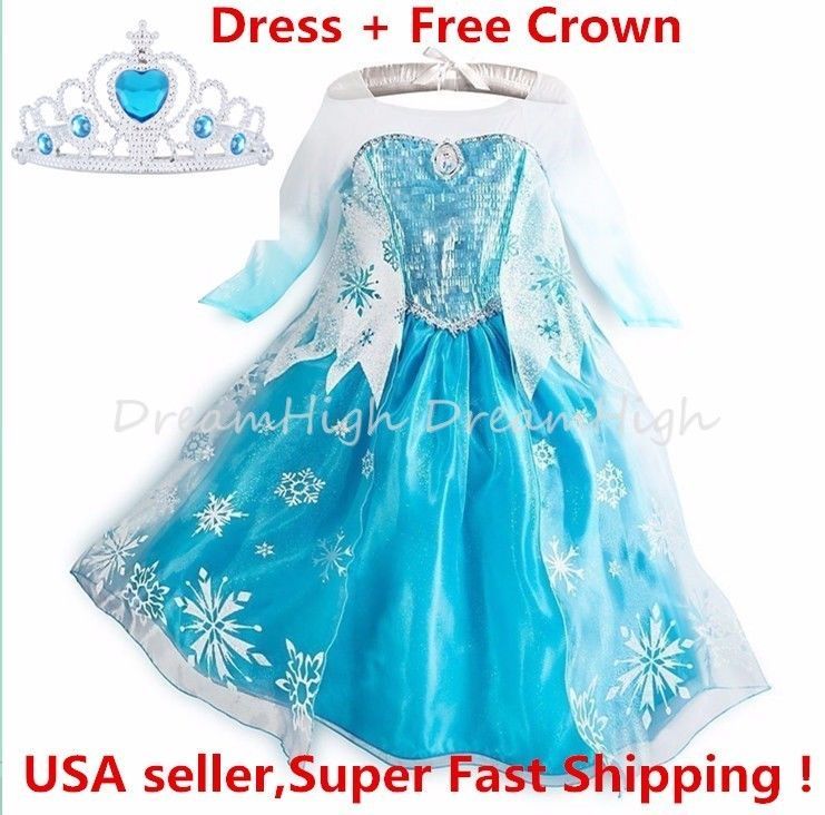 Girls Kids Dress  Elsa Anna Party costume Princess +  Free Crown 2-10Y - $14.83