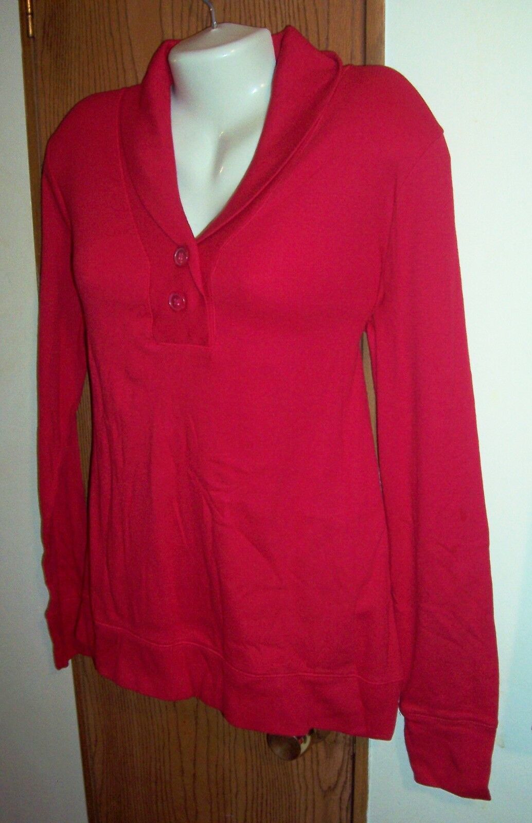 S henley T shirt long sleeve button womens stretch RED ribbed 4 6 ...