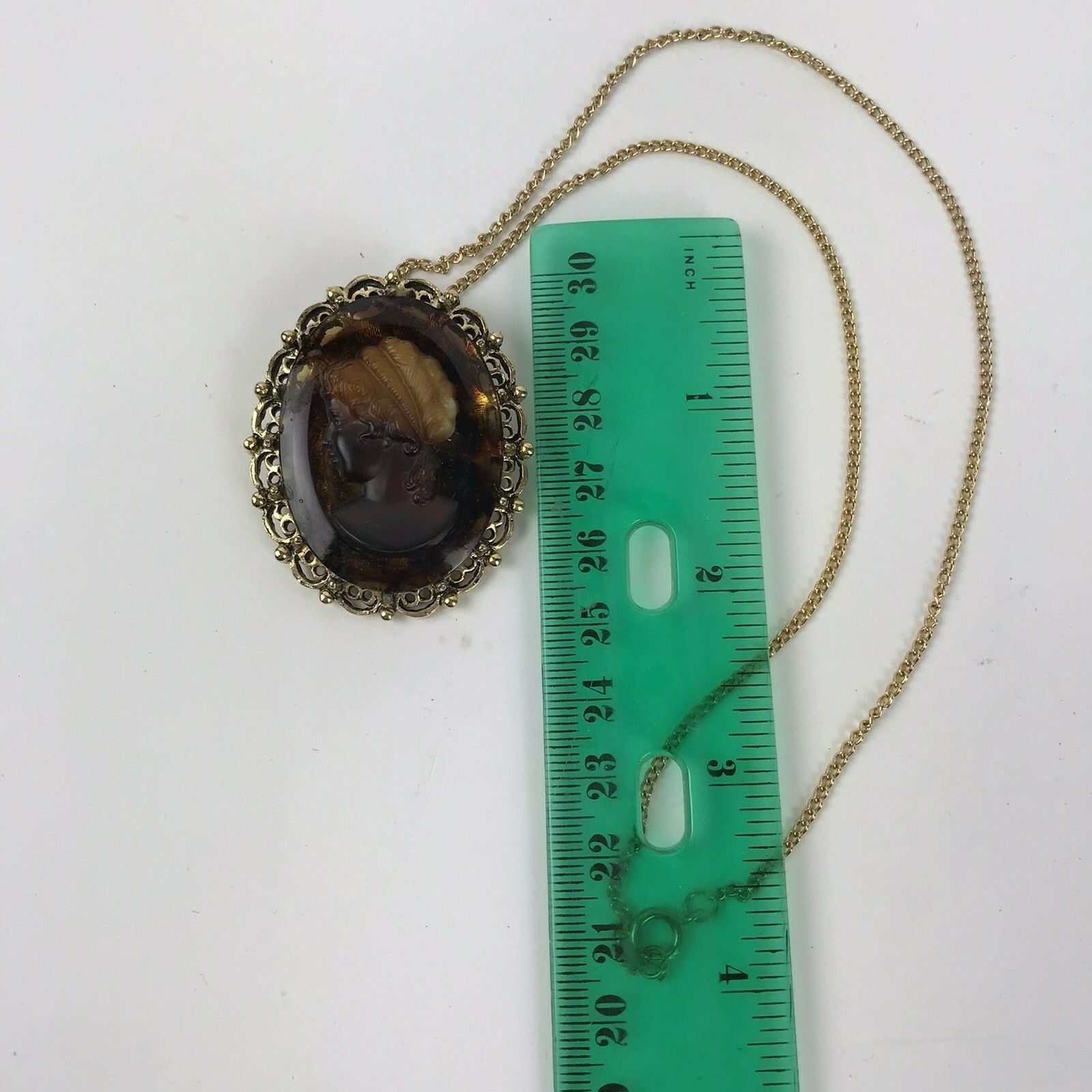 Vintage Brown Slag Glass Cameo Lady Pin Necklace Pendent Brooch NOS 