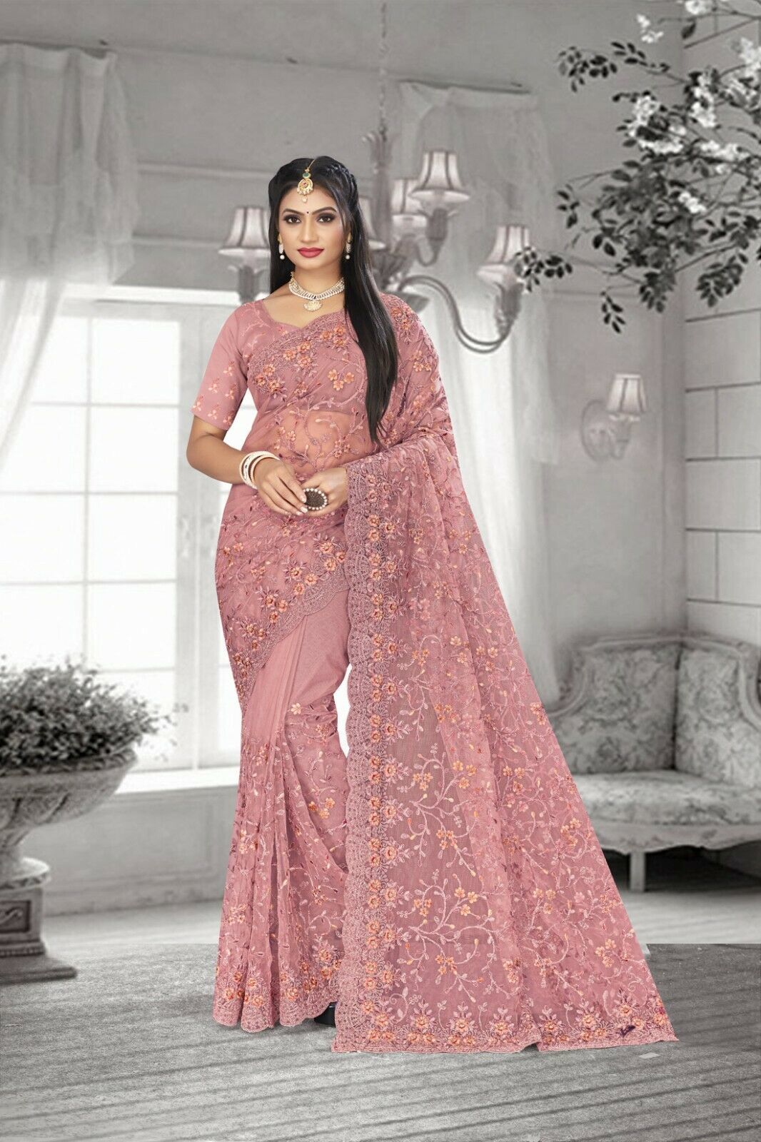 Designer Dusty Pink Resham Coding Embroidery Work Sari Net Wedding Wear Saree