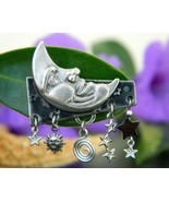 Crescent Moon Face Brooch Pin Dangles Stars Silver Forest Vermont - $16.95