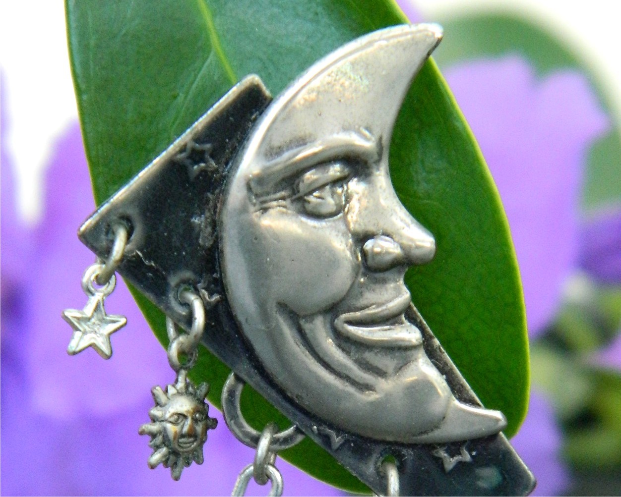 Crescent Moon Face Brooch Pin Dangles Stars Silver Forest Vermont Brooches, Pins