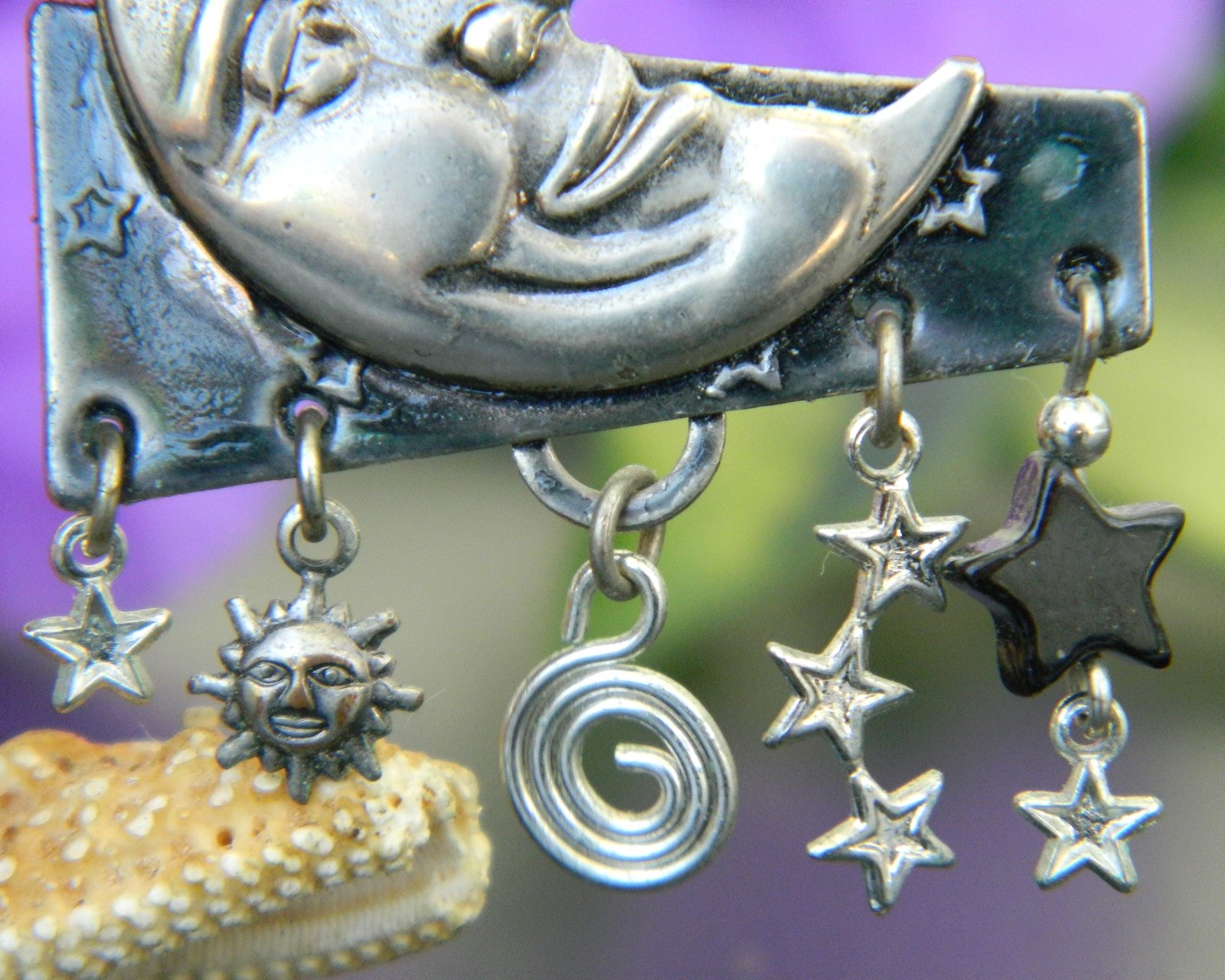 Crescent Moon Face Brooch Pin Dangles Stars Silver Forest Vermont Brooches, Pins