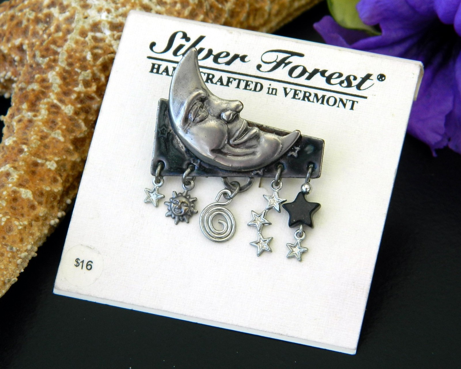Crescent Moon Face Brooch Pin Dangles Stars Silver Forest Vermont Brooches, Pins