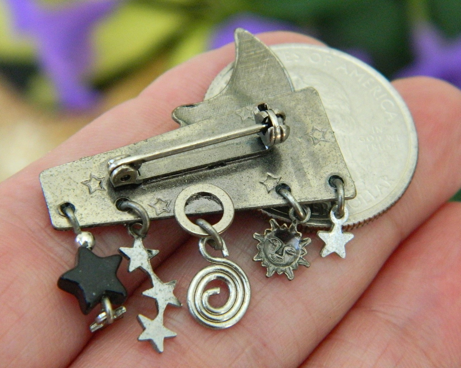 Crescent Moon Face Brooch Pin Dangles Stars Silver Forest Vermont Brooches, Pins