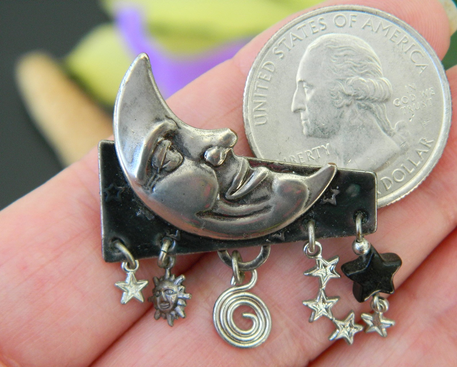 Crescent Moon Face Brooch Pin Dangles Stars Silver Forest Vermont Brooches, Pins