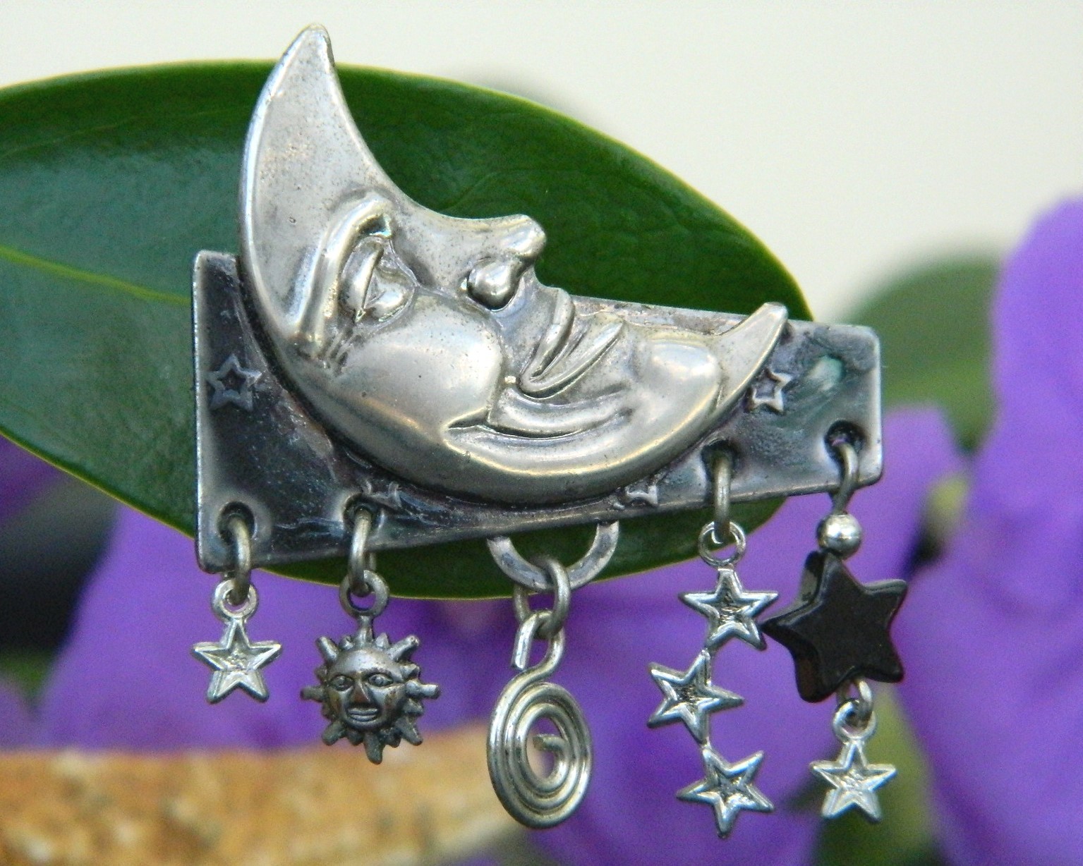 Crescent Moon Face Brooch Pin Dangles Stars Silver Forest Vermont Brooches, Pins