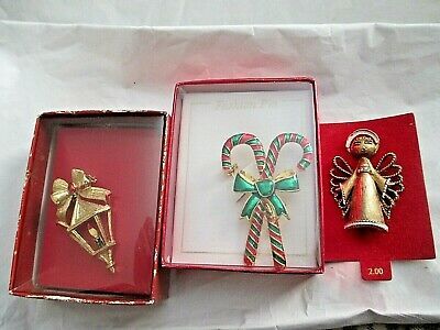 Primary image for Christmas Candy Cane Angel Lamp post  Lot of 3  2"-2.25"  Brooch Pins  Gold Tone