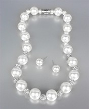 ELEGANT White Pearls Pave CZ Crystals Balls Necklace Earrings Set Bridal - $17.99