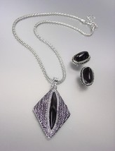 VINTAGE Antique Silver Chains CZ Crystals Black Onyx Pendant Mesh Necklace Set - $25.64