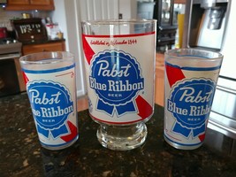 Pabst Blue Ribbon Footed Glass &amp; 2 Glasses Red White Blue Clear Collectable - £28.15 GBP