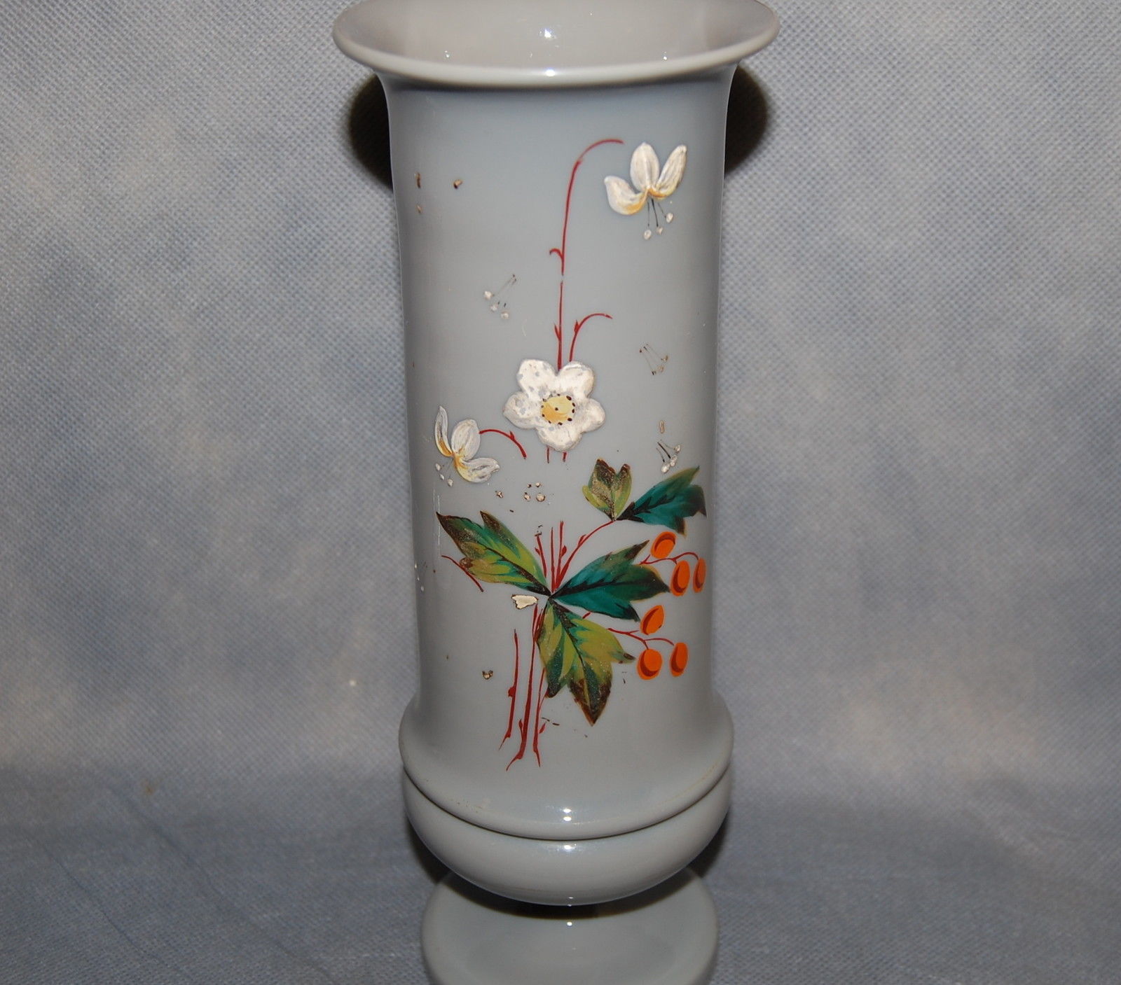 Antique English Victorian Grey Bristol Glass Vase Enamel Flowers Vases