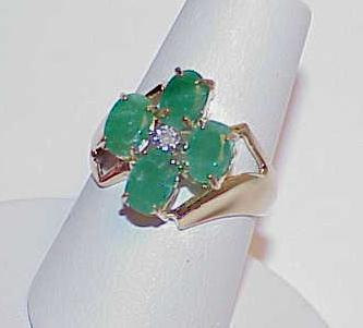 Primary image for 10k 4 Emerald Oval Diamond Cocktail Ring Size 5 Yellow Gold Clover Like Design
