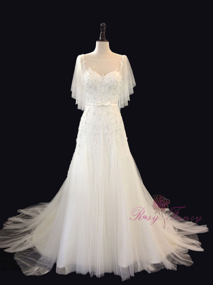 Rosyfancy Fairy Delicate Beading Sheer Flared Sleeve Slim A-line Wedding Dress