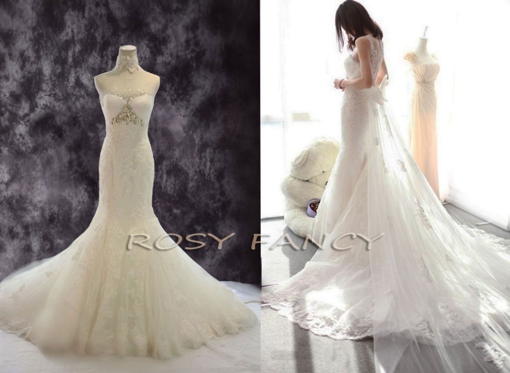 Rosyfancy Crystals Beading Lace Detachable Cathedral Train Mermaid Wedding Dress