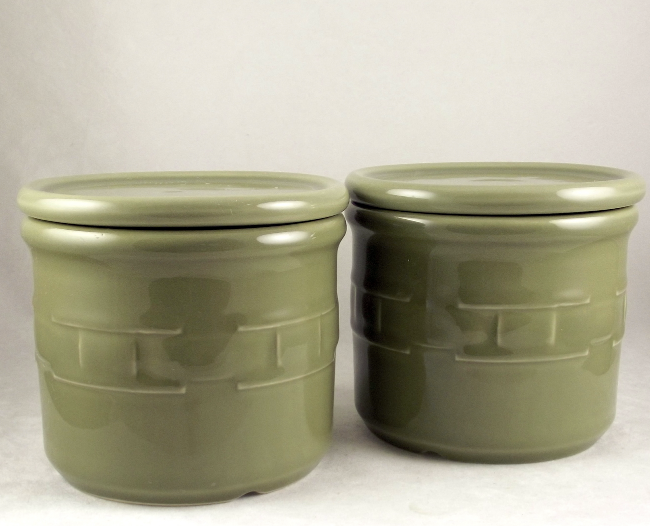 Pair Longaberger Woven Traditions sage green salt crocks with lids Other
