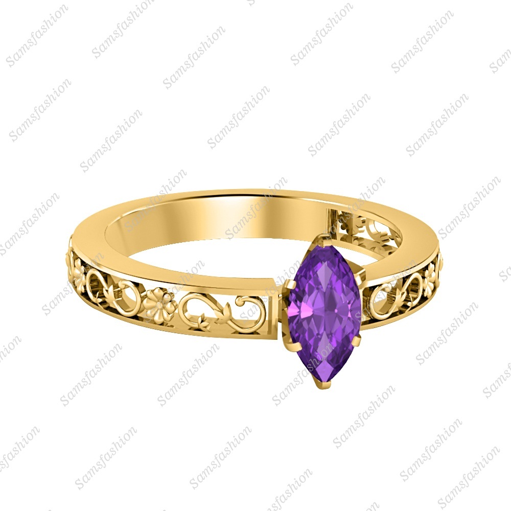 Marquise-Cut Created Amethyst 14K Yellow Gp 925 Silver Women's Engagement Ring