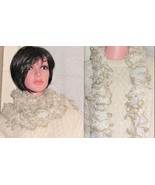 Ruffle Scarf, Vanilla Yarn, Gold Metallic Trim, Knit Crochet Scarf - $25.00