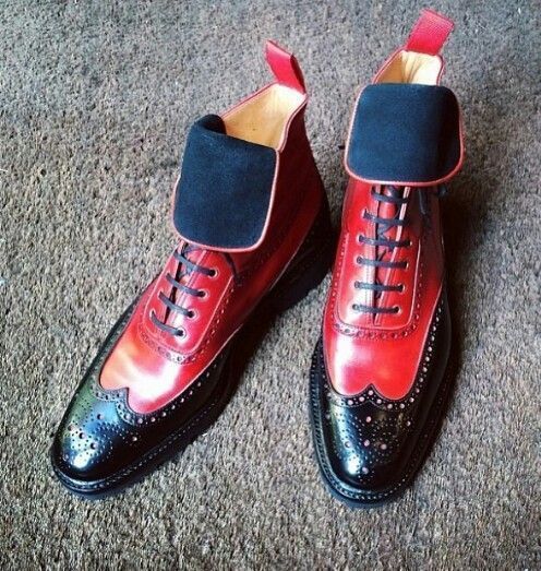 Wing Tip Two Tone Red Black Made To Order Genuine Leather Lace Up Stylish Boots