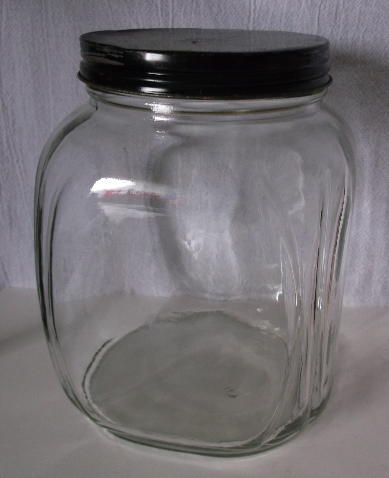 Vintage Art Deco Era GLASS Coffee Jar with Painted BLACK Metal Lid FREE