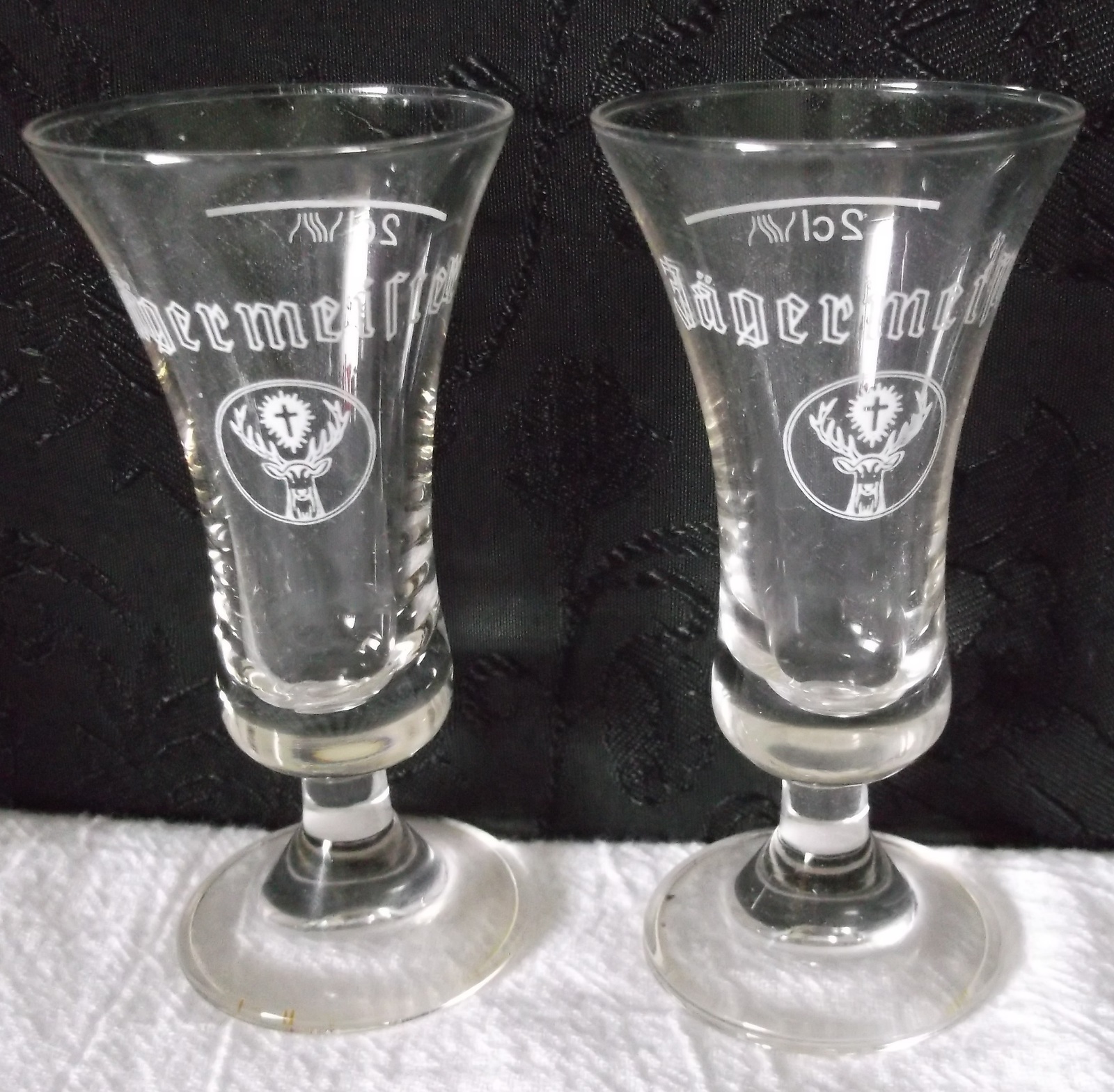 PAIR of Jagermeister Shot Glasses Pedestal Footed Flared Rim Cordials