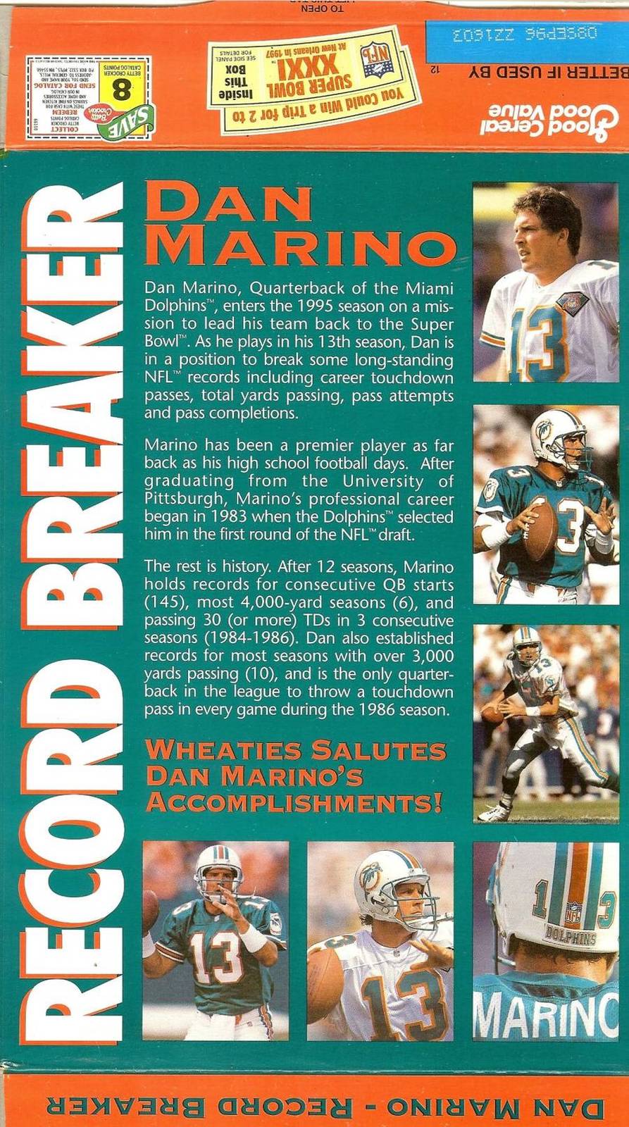 dan marino wheaties cereal box miami dolphins nfl football record breaker Cereal Boxes