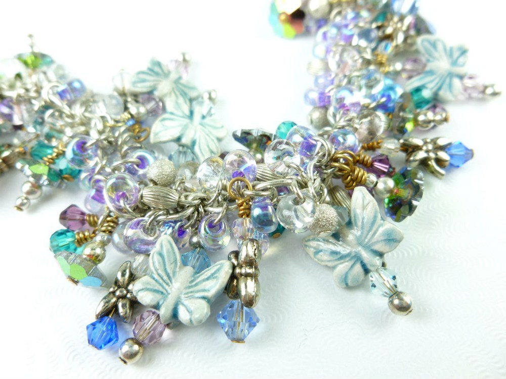 Butterfly and Dragonfly Crystal Sterling Charm Beaded Bracelet Small