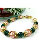 Green Teal Glass Golden Freshwater Pearl Bracelet Small Wrist Holiday - $20.00