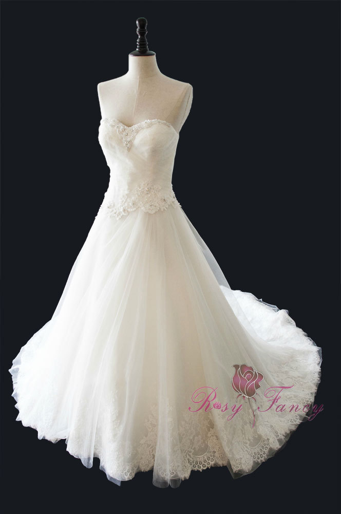 Rosyfancy Beaded Applique Sweetheart Diagonal Dropped Waist A-line Wedding Dress