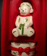 Lenox Holiday Sitting Teddy Holding Present Stackable Salt and Pepper Sh... - $12.99