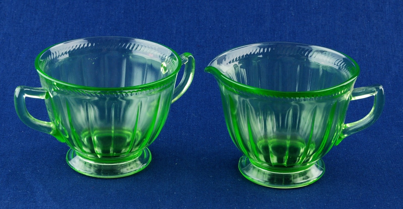 Federal Glass Colonial Fluted Open Sugar Bowl & Creamer Rope Green