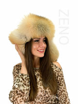 Golden Island Fox Fur Hat With Brown Leather Natural Saga Furs Fur Trapper Hat image 6