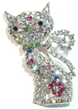 Cat Pin Brooch Clear Multicolor Pastel Crystal Flower Spring Theme Silver Tone - $21.99