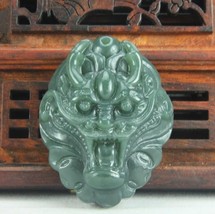 Hand carved natural green jade stone dragon head charm pendant necklace - $19.79