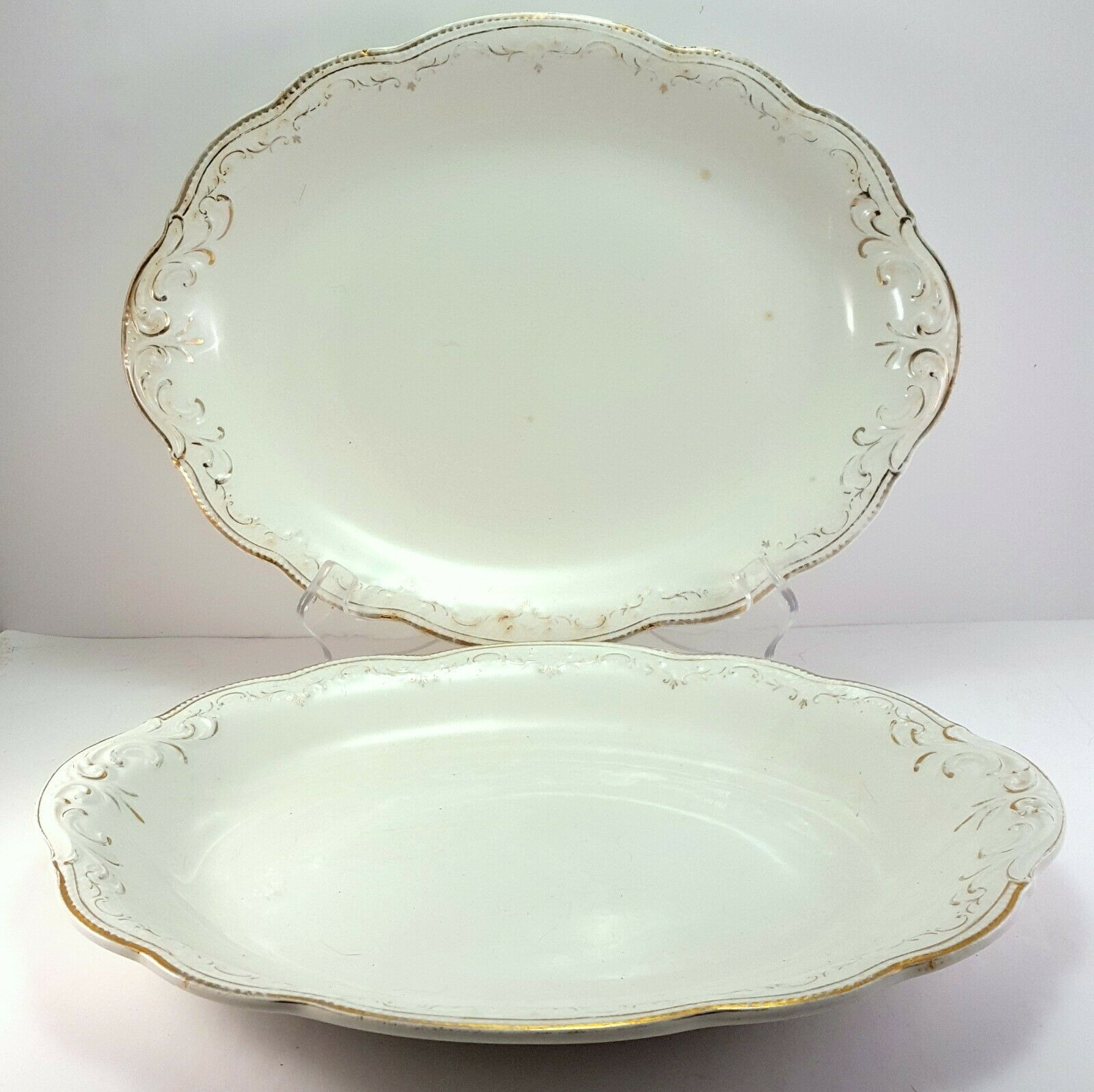 WH Grindley 520 Oval Platters 12" Set of 2 White Gold Antique Dish