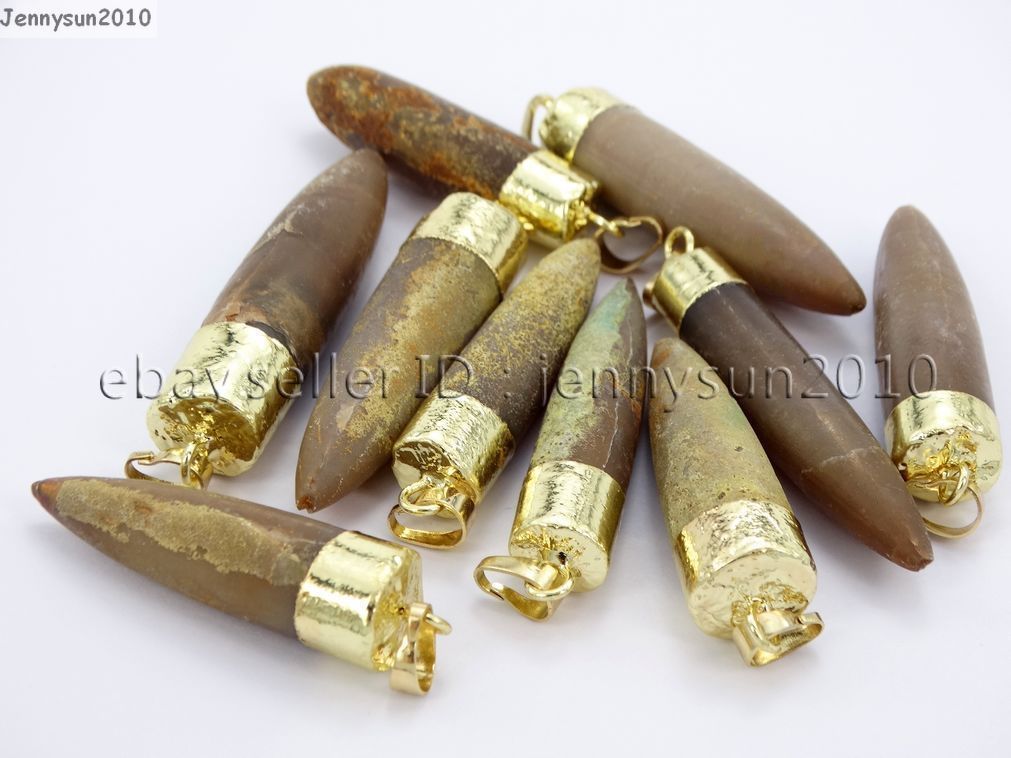 Natural Antique Fossil Agate Pointed Horn Tusk Tooth Gold Pendant Charm Beads