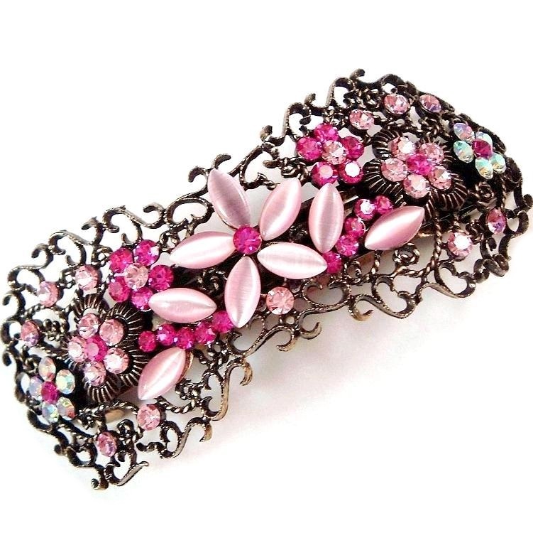 Hair Barrette Crystal Pink Flower Multicolor Hair Clip Pewter Tone