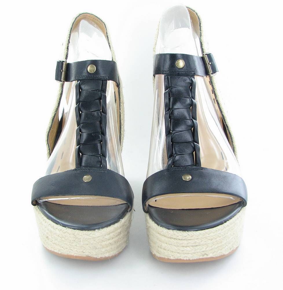 Nine West Keenster Womens Black Leather Strap Platform Wedges Shoes -10 ...