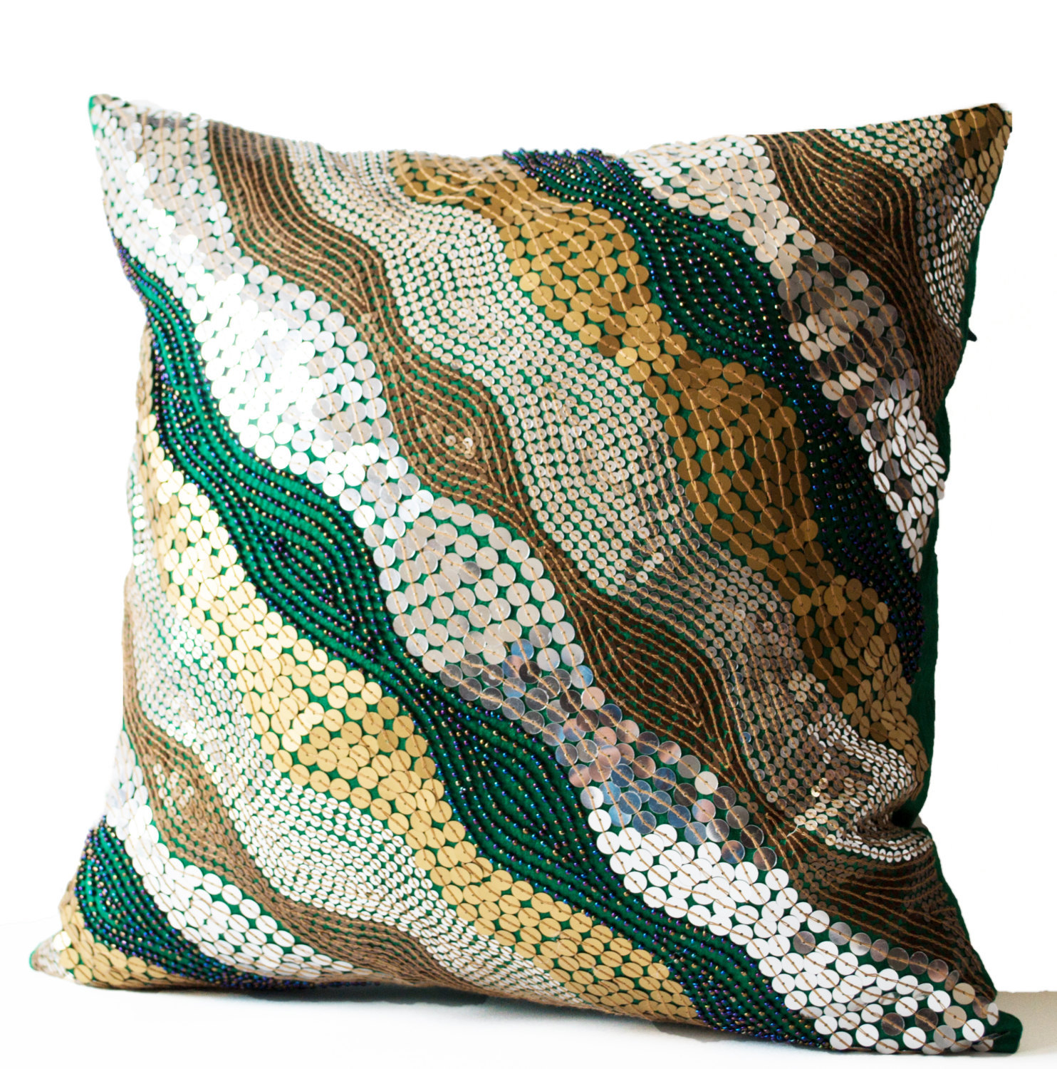 Decorative Pillow Cover Emerald Green Silk Pillow Silver Gold Sequin