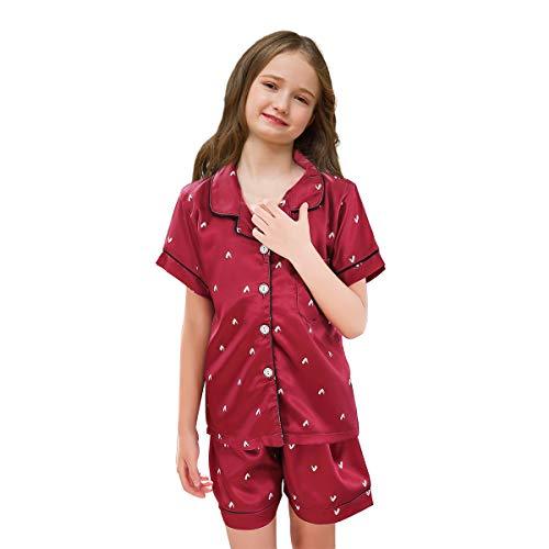 Kid Girls Satin Pajamas Set PJS Red Short Sleeves Button-Down Night ...