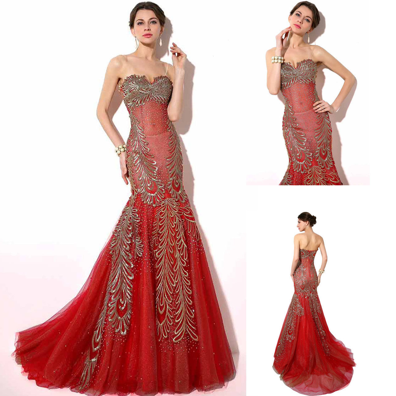 Red/Gold Embroidery Tulle Long Mermaid Prom Dress, Cocktail Dress, Ball ...