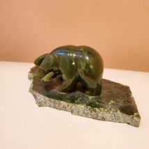 Nephrite Jade Sculpture, Bear with Fish and Cub on Slab Base, Green Stone Animal image 5
