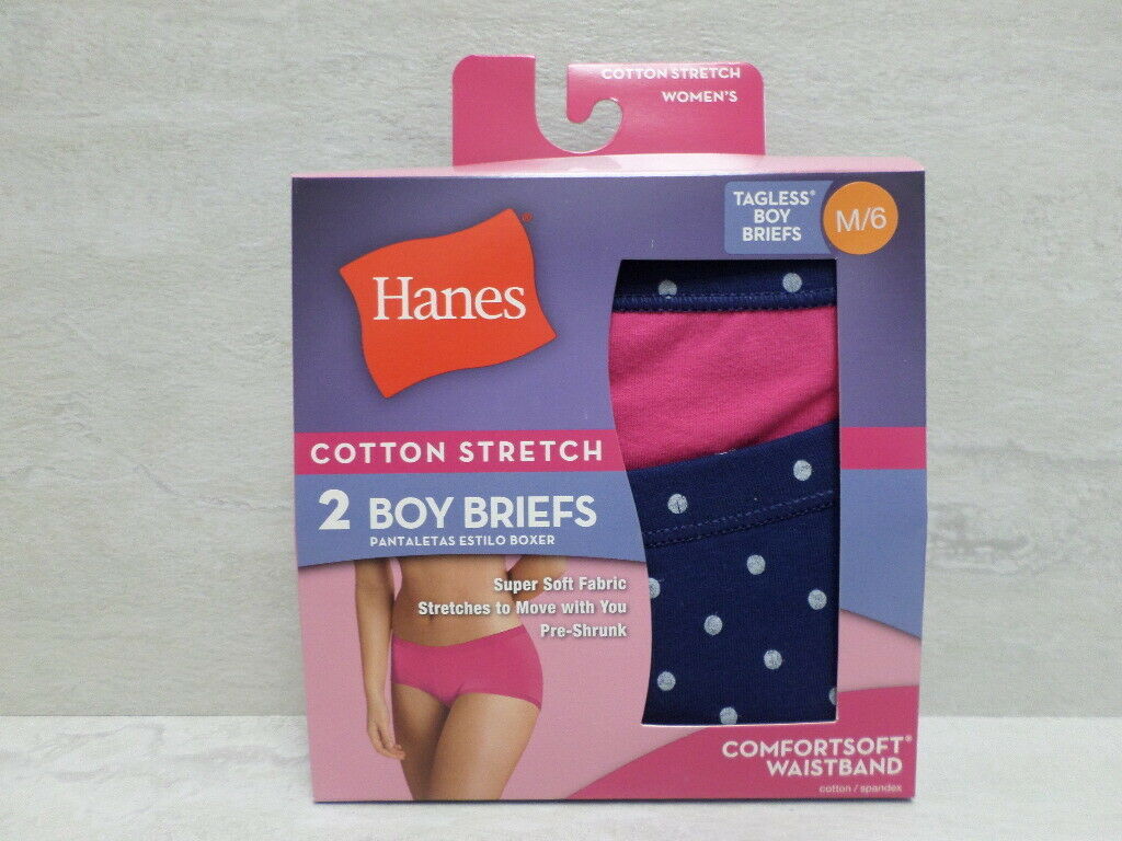 Hanes 2-Pack Women’s Cotton Stretch Boy Briefs Pink/Blue Polka Dot Size 6/M NWT